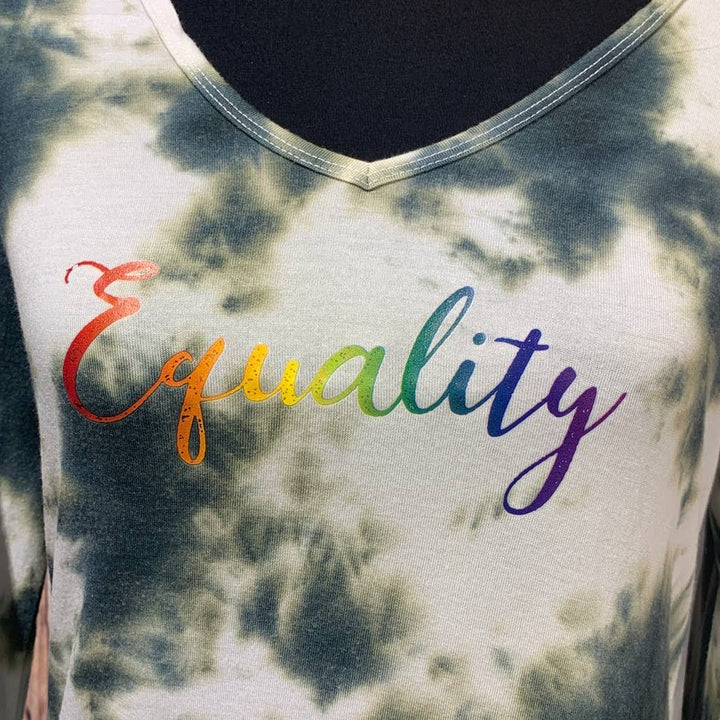 Hand Printed Upcycled Womens Small Equality Rainbow Pride VNeck Long Sleeve Tee