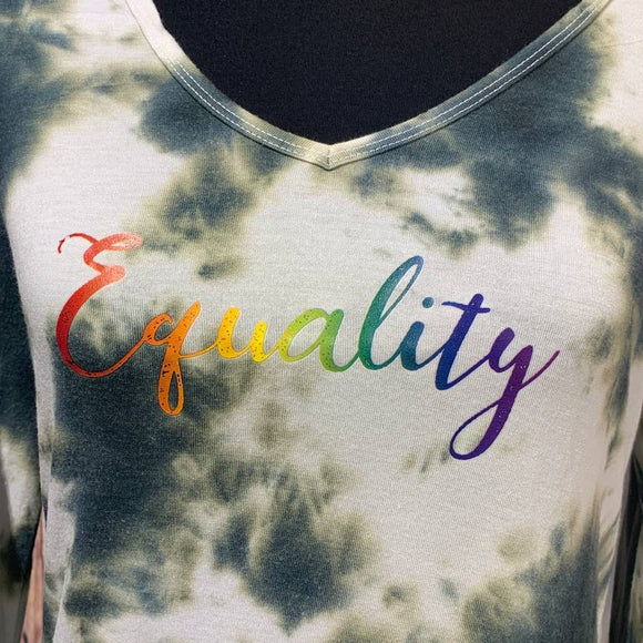 Hand Printed Upcycled Womens Small Equality Rainbow Pride VNeck Long Sleeve Tee