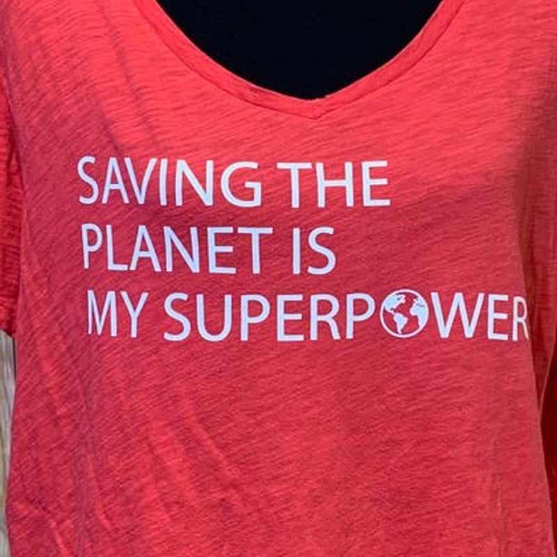 Hand Printed Upcycled Womens 2X Saving the Planet is My Superpower Dragonfly Tee