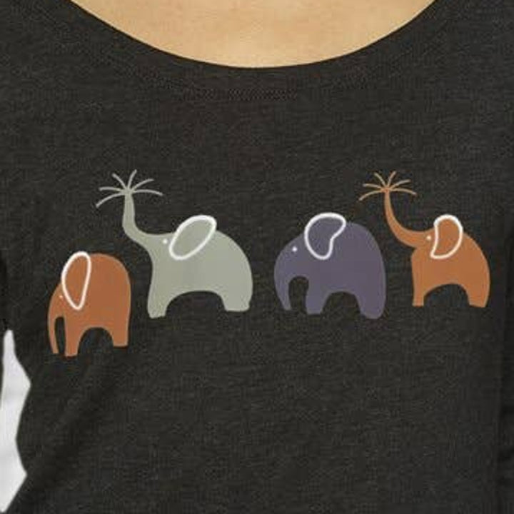 New Hand Printed Large Happy Elephant Family Cotton Blend Scoop Neck T-Shirt