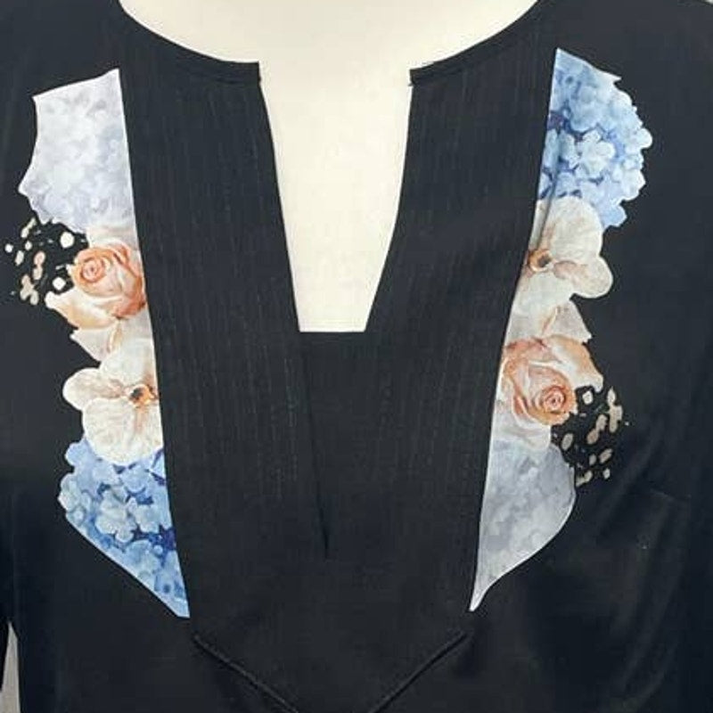 Hand Printed Upcycled Small Rose Flower Long Tabbed Sleeve Hi Low V-Neck Blouse