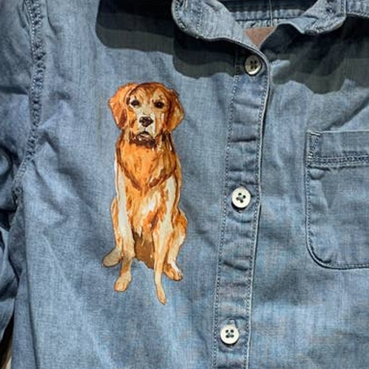 Hand Printed Upcycled Youth Medium Golden Retriever Puppy Dog Button Down Shirt