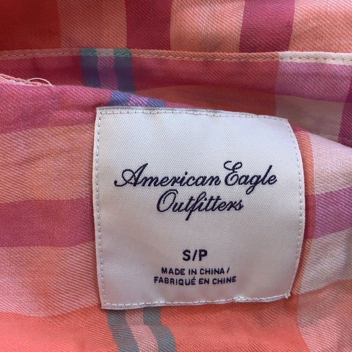 AEO Womens Small Orange Plaid Button Down 100% Cotton Button Down Shirt