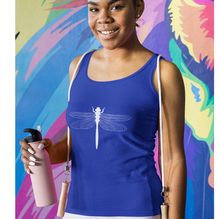 Hand Printed Upcycled Womens Large Dragonfly Cotton Blend Blue V-Neck Tank Top