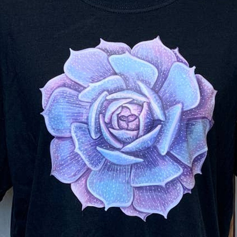 Hand Printed Upcycled Women Medium Purple Blue Succulent Cactus Short Sleeve Tee