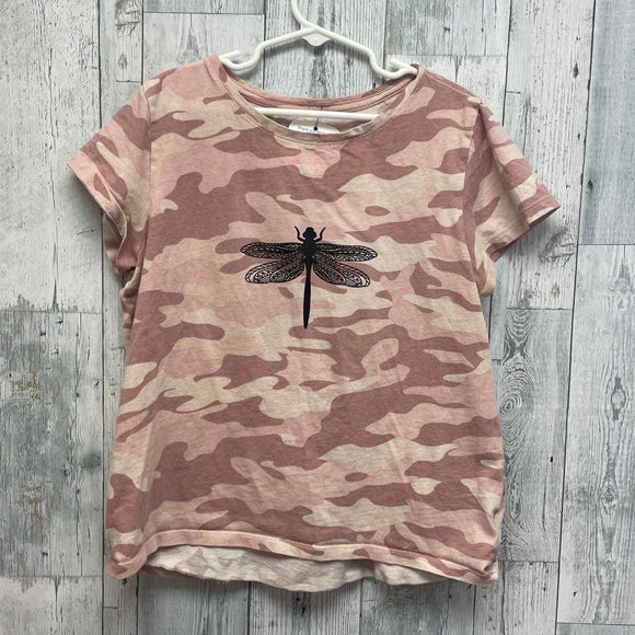 Hand Printed Upcycled Child XL (14/16) Dragonfly Short Sleeve Pink Camo Tee