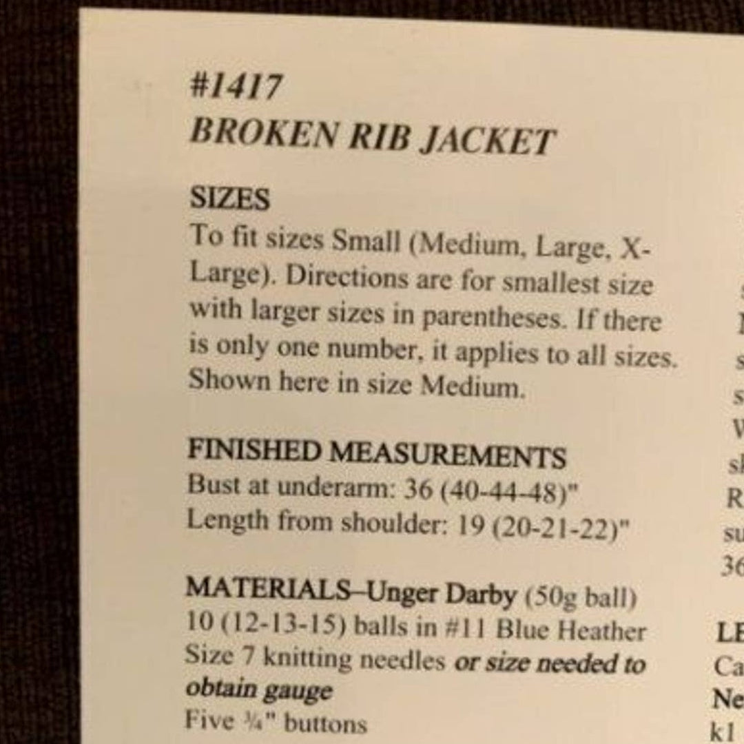New Unger 1417 Darby Broken Rib Jacket Sweater Cardigan Knitting Pattern