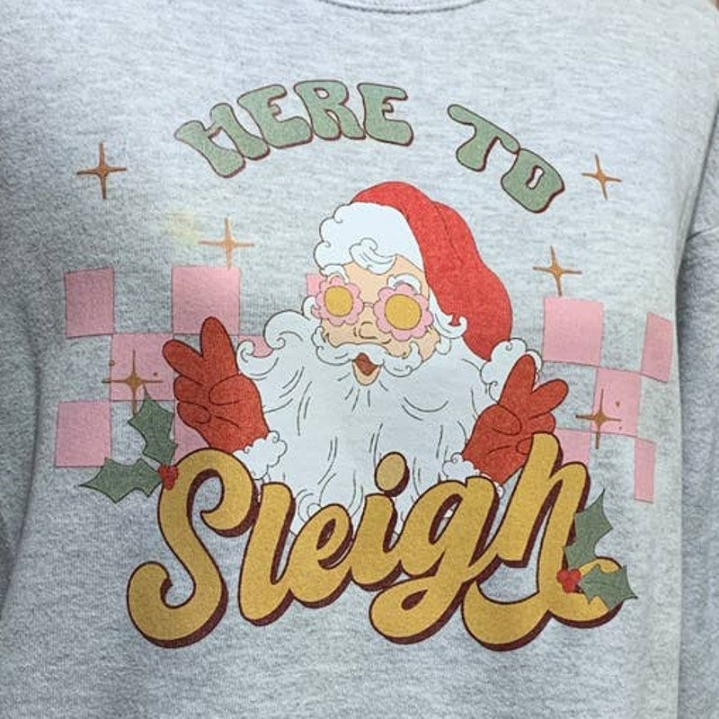 Upcycled Hand Printed Medium Christmas Santa Claus Here to Sleigh Sweatshirt