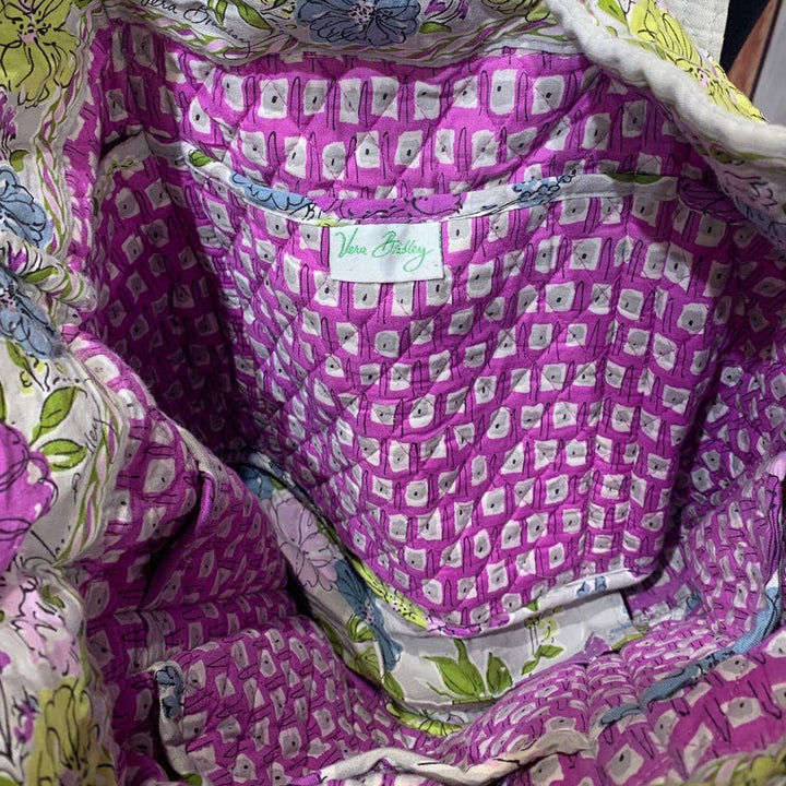 Vera Bradley Large Purple Blue Lime Floral Quilted Shoulder Bag Pockets Key Clip