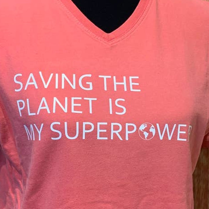 Hand Printed Upcycled Medium Saving the Planet is My Superpower Short Sleeve Tee