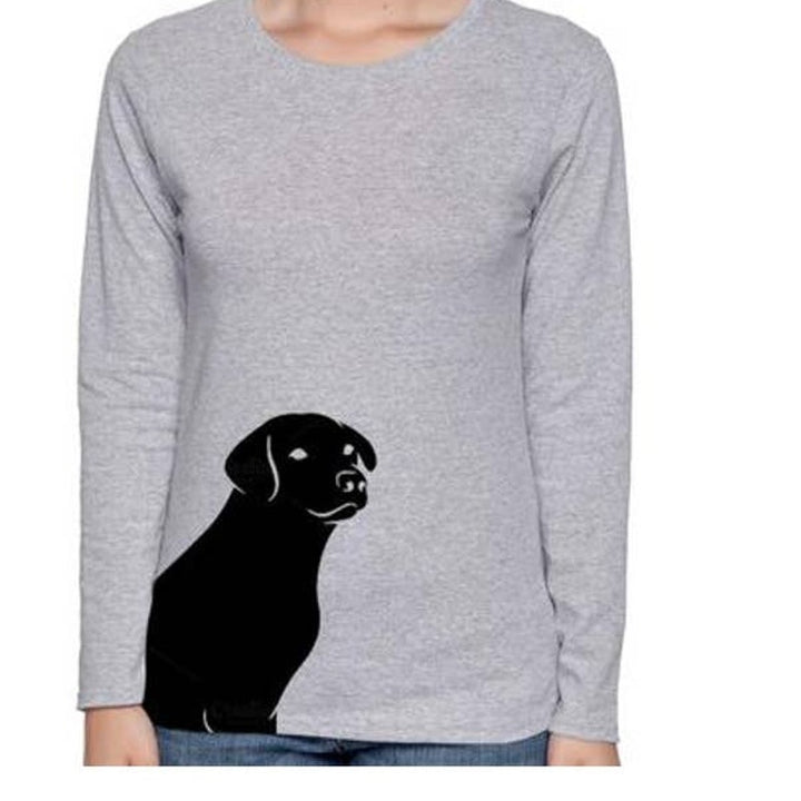 New Hand Printed Womens Gray Black Lab Puppy Dog Long Sleeve Cotton Tee Shirt