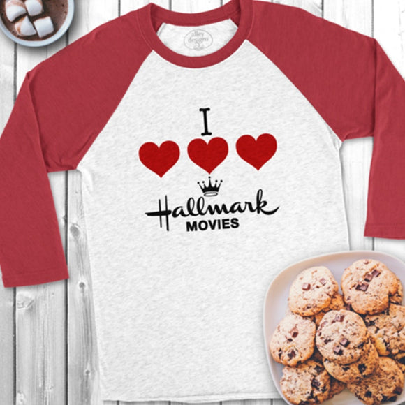 New Hand Printed Womens Small I Heart Love Hallmark Movies 3/4 Sleeve Tee Shirt