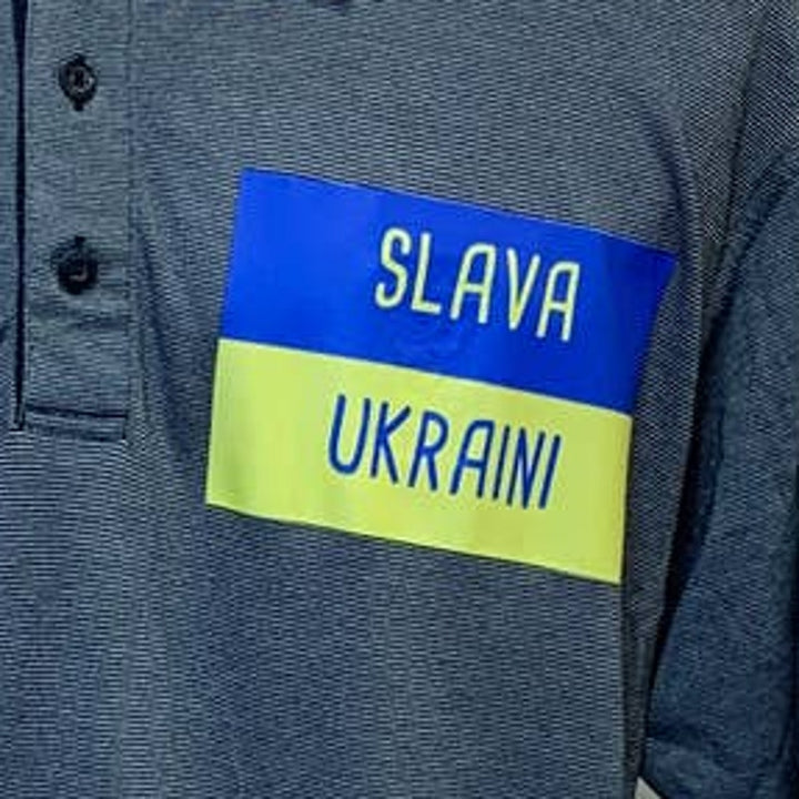 Upcycled Hand Printed Mens Large Flag Slava Ukraini Artist Fundraiser Polo Shirt