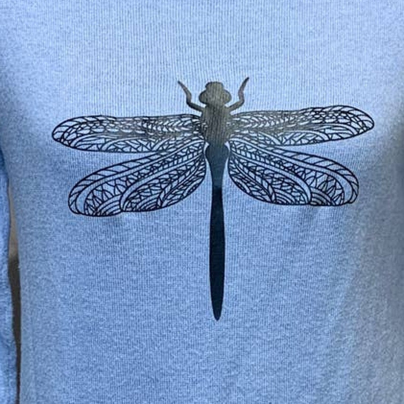 Hand Printed Upcycled Womens Small Dragonfly Soft Long Sleeve Sweater