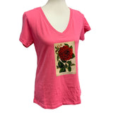 New Hand Printed Womens XL Vintage Book Page Red Rose Flower V-Neck Tee Top
