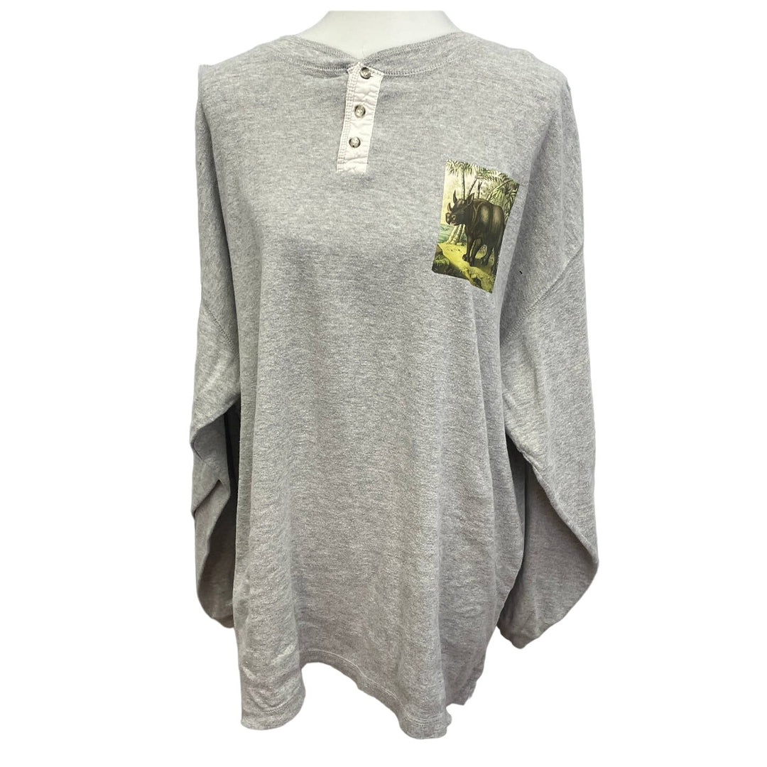 Upcycled Hand Printed Mens XL Rhino Jungle Long Sleeve Buttoned Henley Shirt
