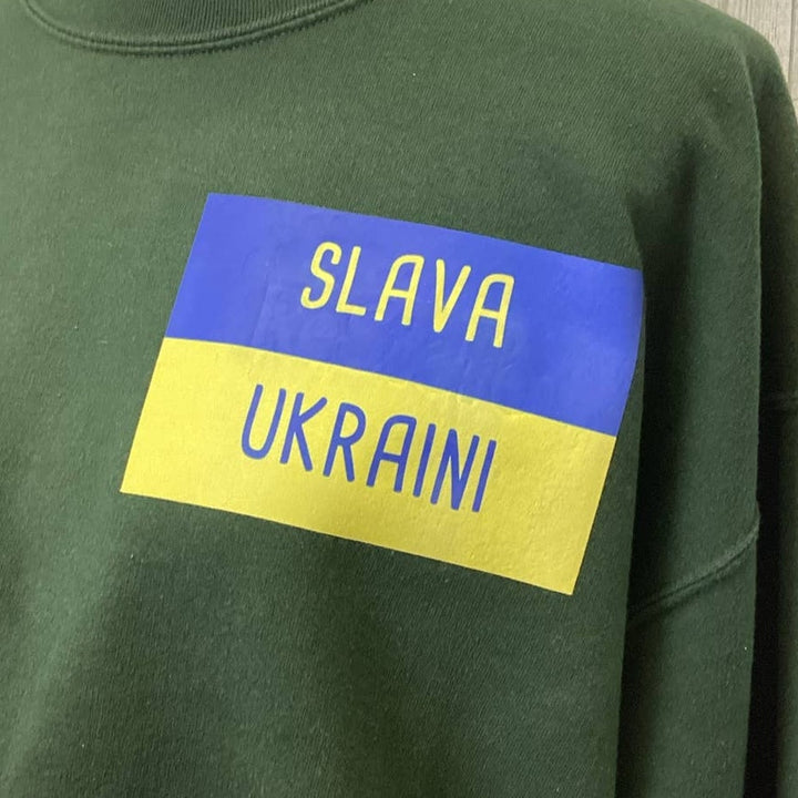 Hand Printed Upcycled Mens XL Slava Ukraini Long Sleeve Cotton Blend Sweatshirt