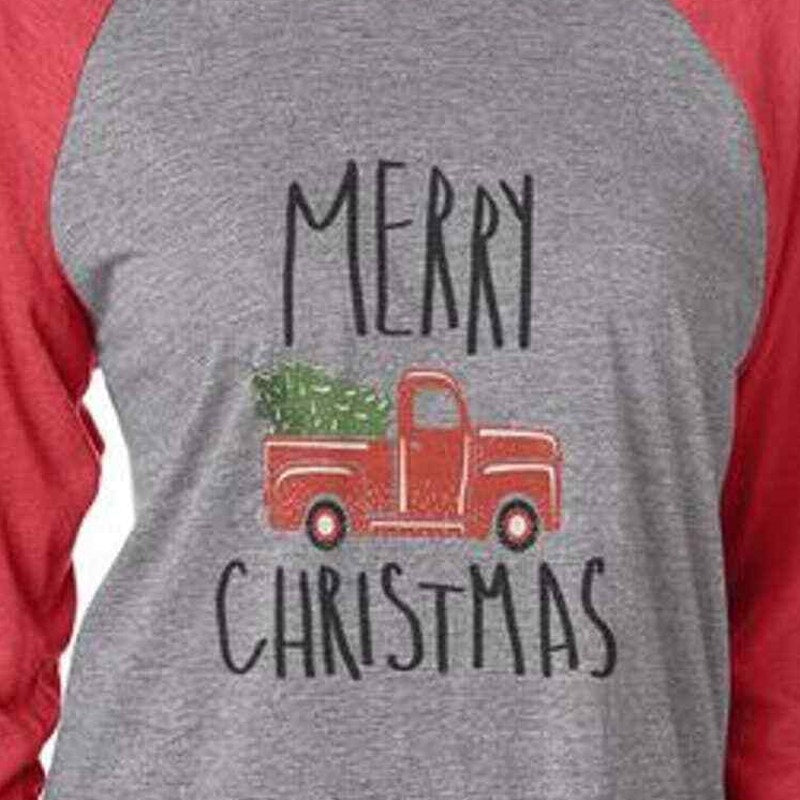 New XS Hand Printed Christmas Tree Vintage Truck 3/4 Sleeve Raglan Tee Shirt
