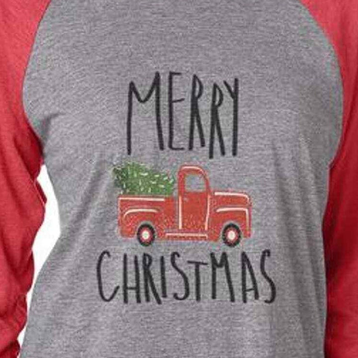 New XS Hand Printed Christmas Tree Vintage Truck 3/4 Sleeve Raglan Tee Shirt