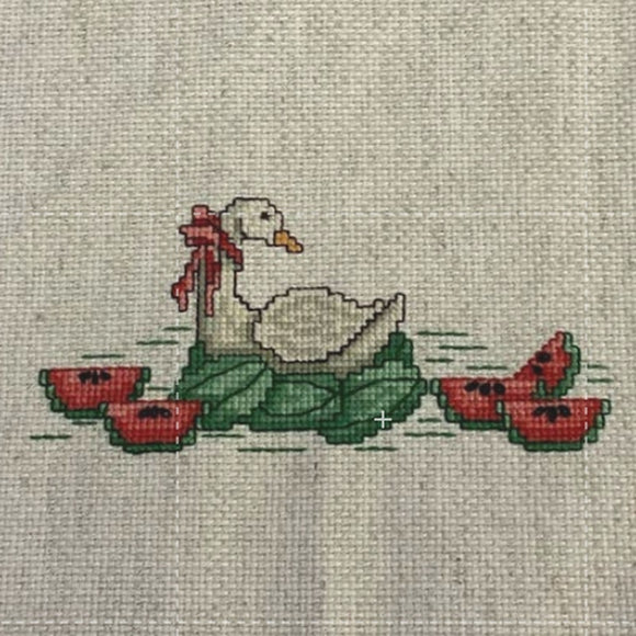 Handmade Counted Cross Stitch Goose on Watermelon Ready for Framing Whimsy Art