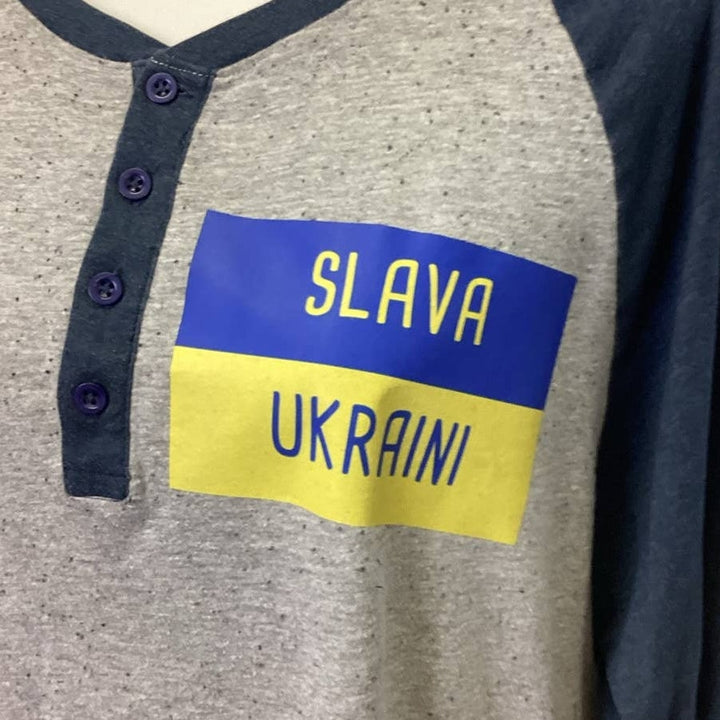 Hand Printed Upcycled Mens XXL Slava Ukraini Long Sleeve 1/4 Button Henley Top