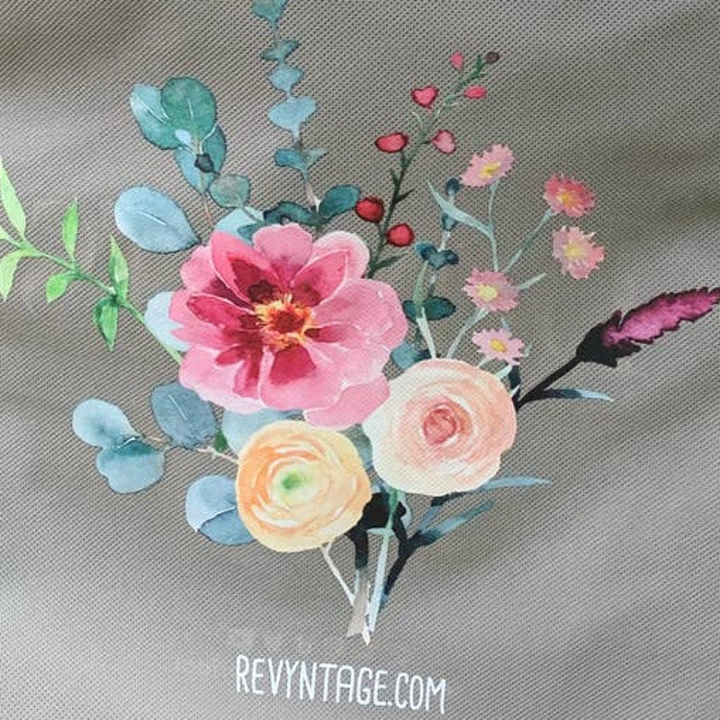 Upcycled Hand Printed Summer Flower Peony Aster Eucalyptus Floral Tote Bag