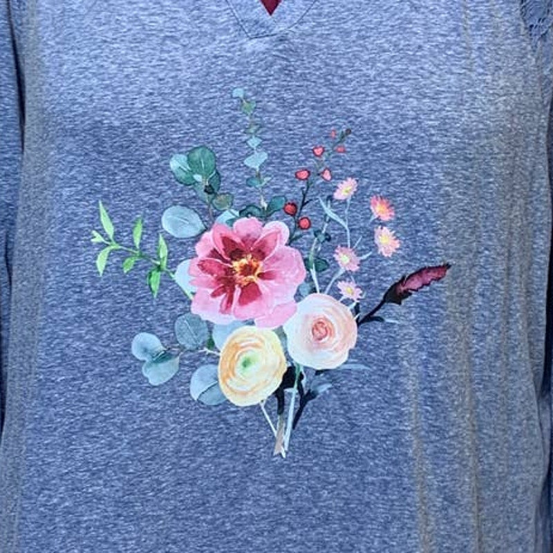 Hand Printed 2X Upcycled Blue Watercolor Summer Flower Peony Aster Bouquet Top