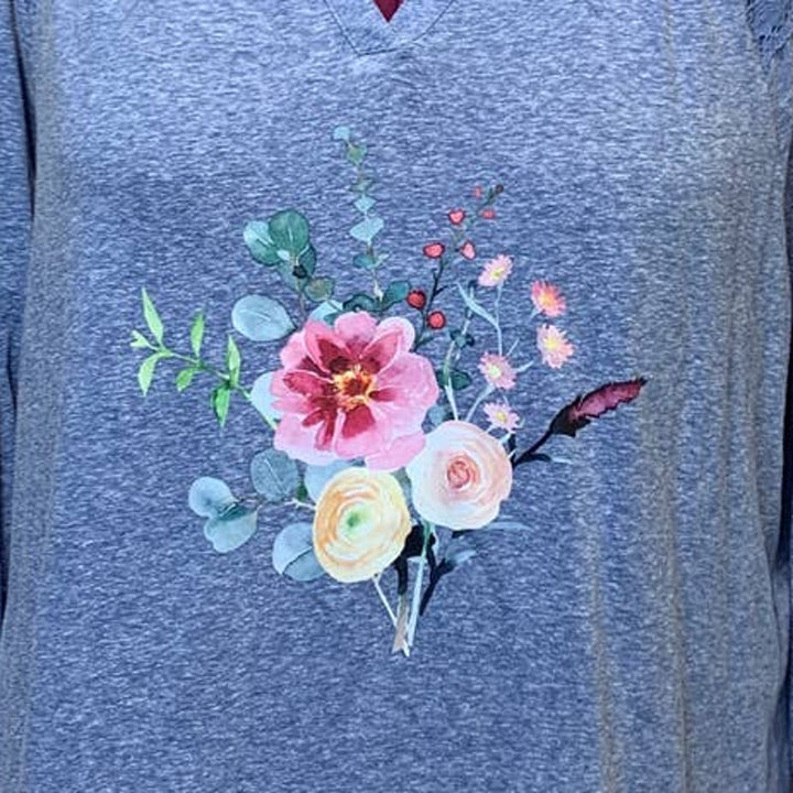 Hand Printed 2X Upcycled Blue Watercolor Summer Flower Peony Aster Bouquet Top