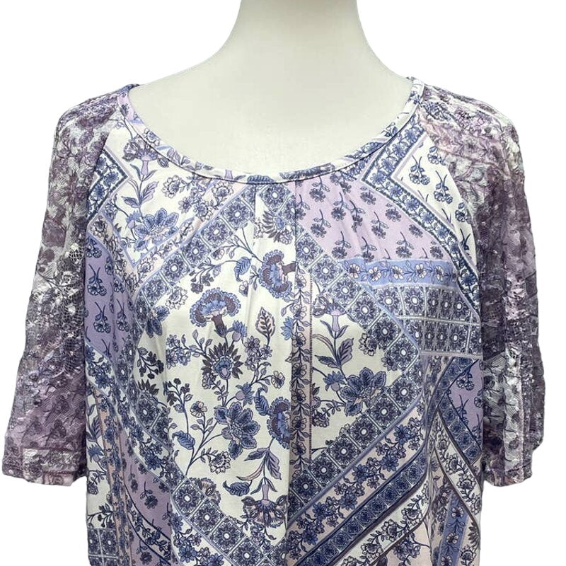 Roz &amp; Ali Womens Large Short Lacy Sleeve Floral Stripe Patchwork Flowy Blouse