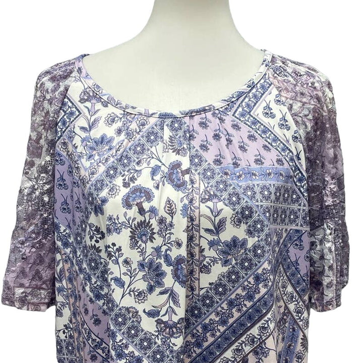 Roz &amp; Ali Womens Large Short Lacy Sleeve Floral Stripe Patchwork Flowy Blouse