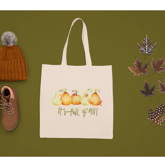 New Hand Printed It's Fall Y'all Pumpkin Gourd Autumn Canvas Shopper Tote Bag