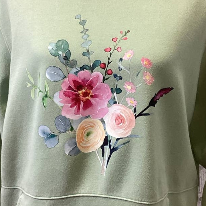 Hand Printed Medium Upcycled Watercolor Flower Peony Aster Bouquet Hoodie