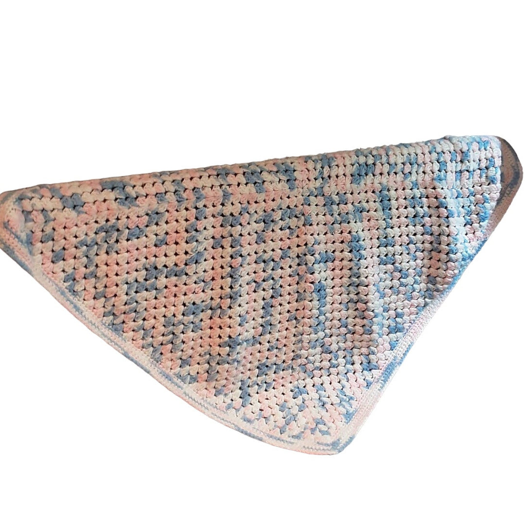 Handmade Pastel Blue Pink White Crocheted Baby Blanket Afghan Throw 35" Square