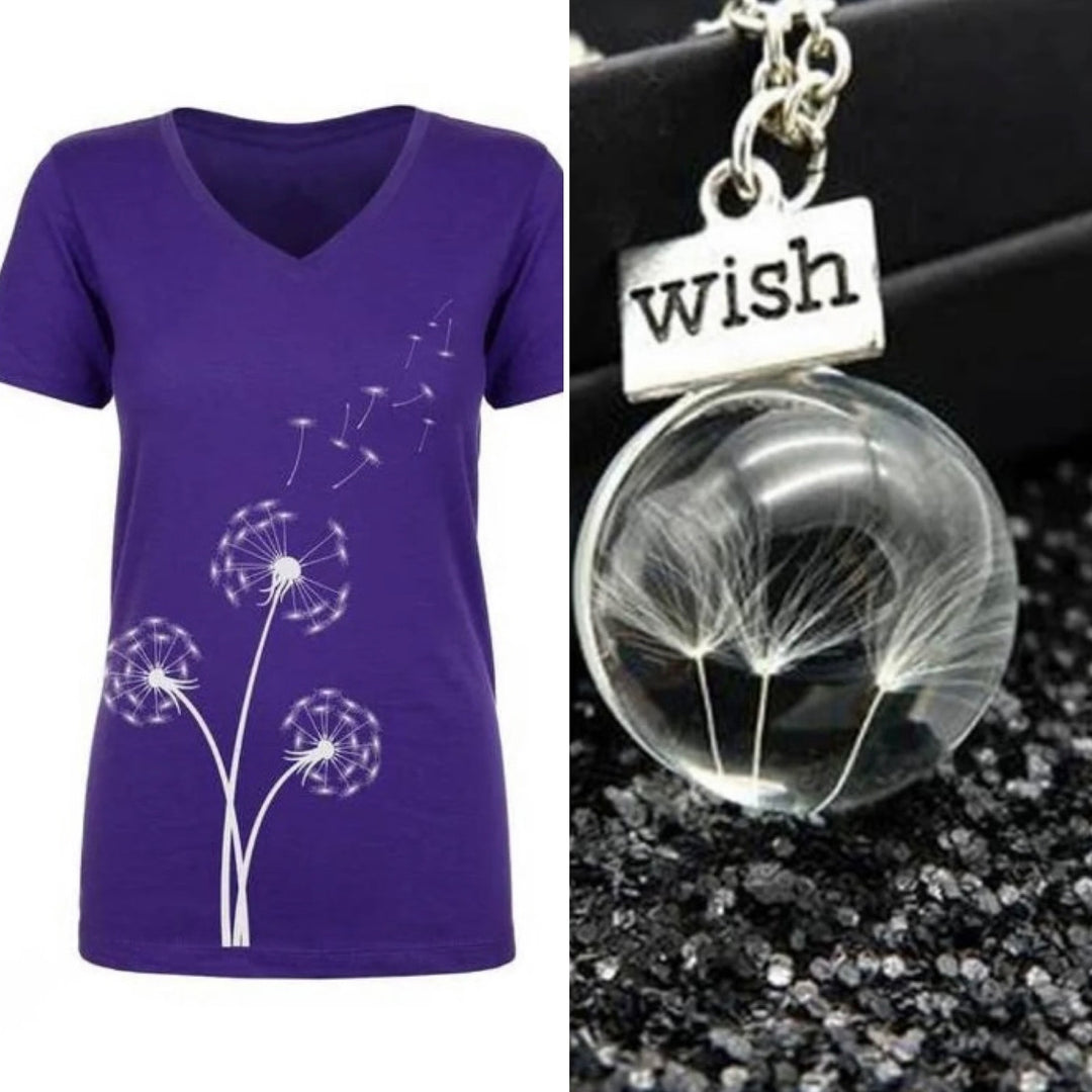 New Hand Printed Small Make A Wish Dandelion Short Sleeve Tee w Bonus Necklace