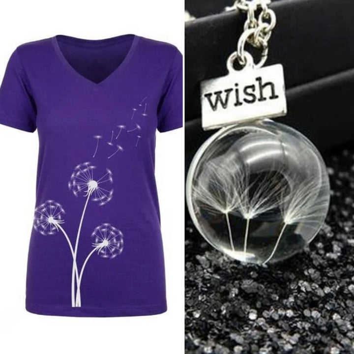 New Hand Printed Small Make A Wish Dandelion Short Sleeve Tee w Bonus Necklace
