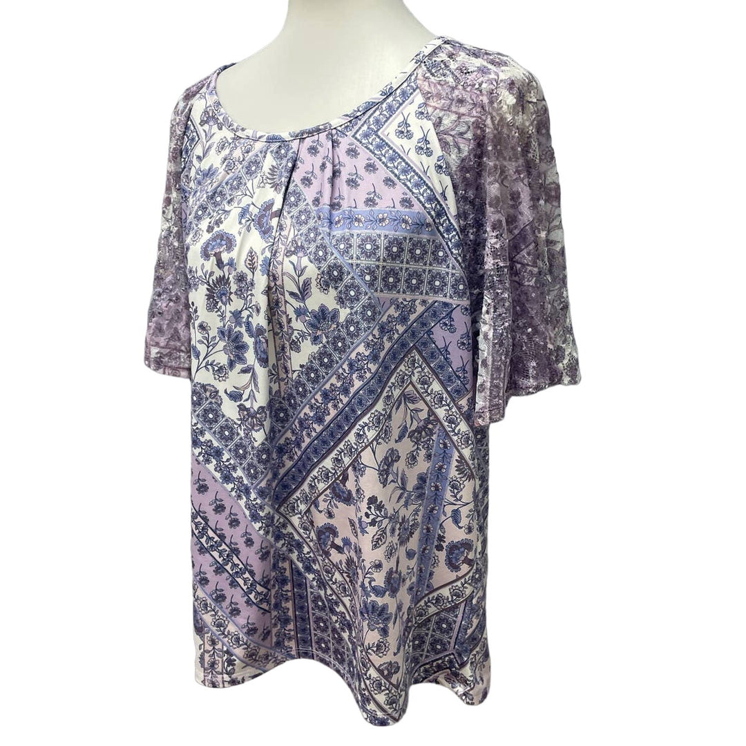 Roz &amp; Ali Womens Large Short Lacy Sleeve Floral Stripe Patchwork Flowy Blouse