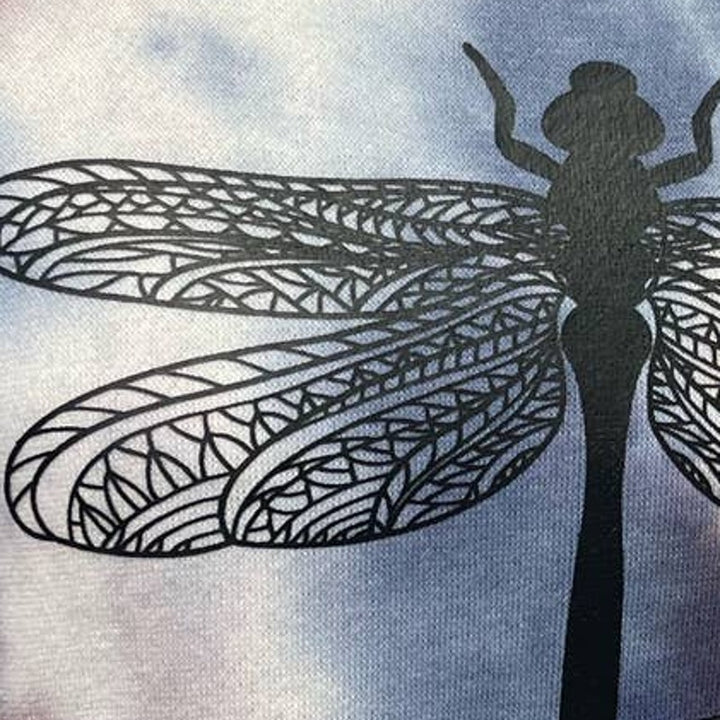 Upcycled Hand Printed Small Dragonfly Short Sleeve Mini Sweatshirt Tie Dye Dress