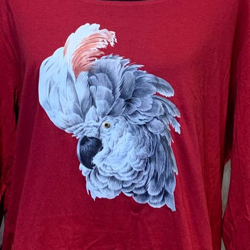 Upcycled Hand Printed 1X White Cockatoo Parrot Ukraine Artist Fundraiser Tee