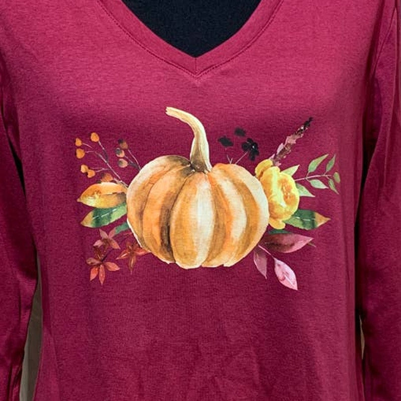 Hand Printed Upcycled XL Pumpkin Autumn Flower Bouquet Long Sleeve V-Neck Tee