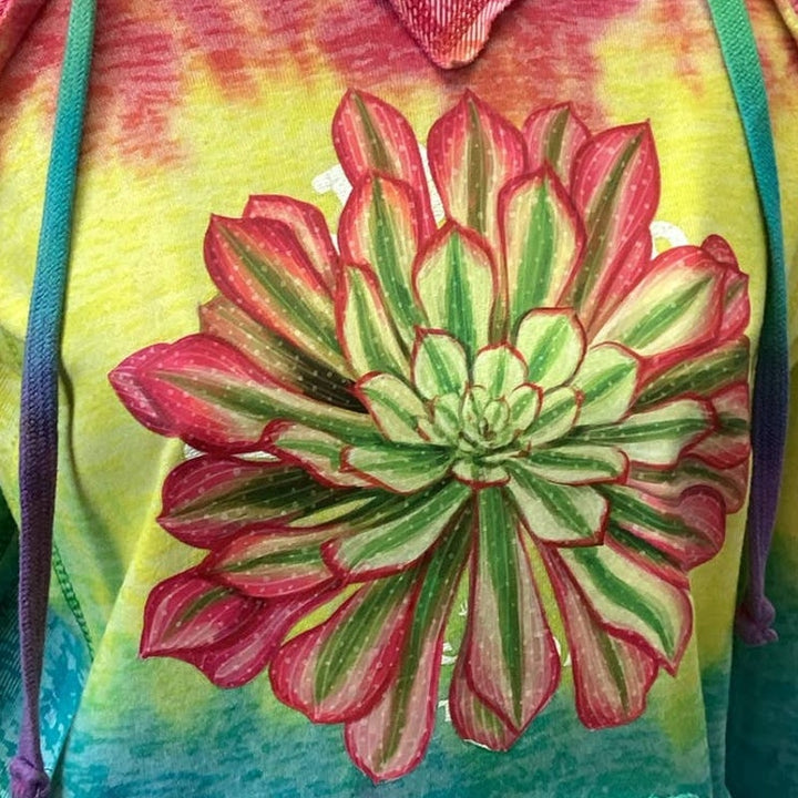 Hand Printed Upcycled Small Pink Succulent Cactus Tie Dye Lightweight Hoodie