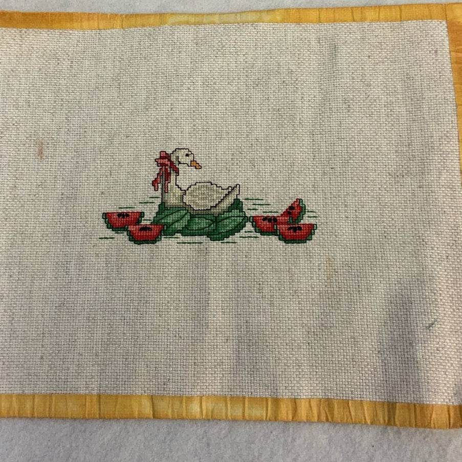 Handmade Counted Cross Stitch Goose on Watermelon Ready for Framing Whimsy Art