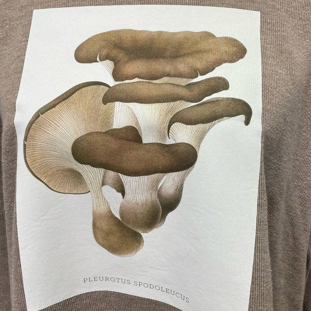 Hand Printed Upcycled XL Pleurotus Spodoleucus Oyster Mushroom Long Sleeve Shirt