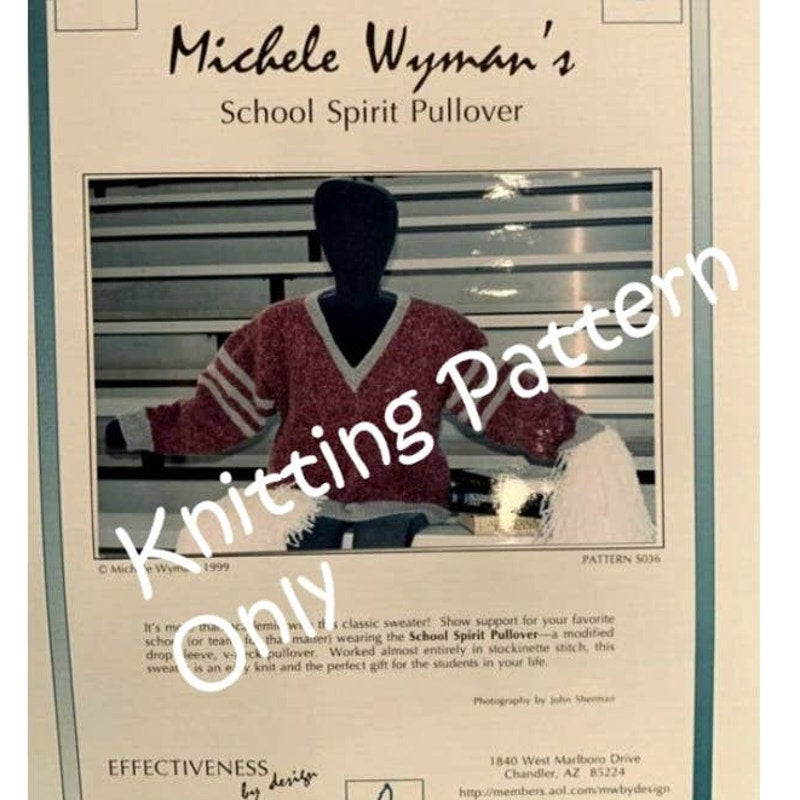 New 1999 Michele Wyman S036 School Spirit Pullover Sweater Knitting Pattern
