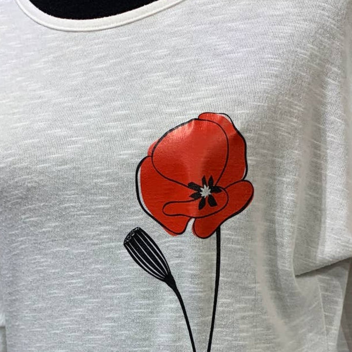 Hand Printed Upcycled Women XS Red Poppy Flower Lacy Back Keyhole Batwing Blouse