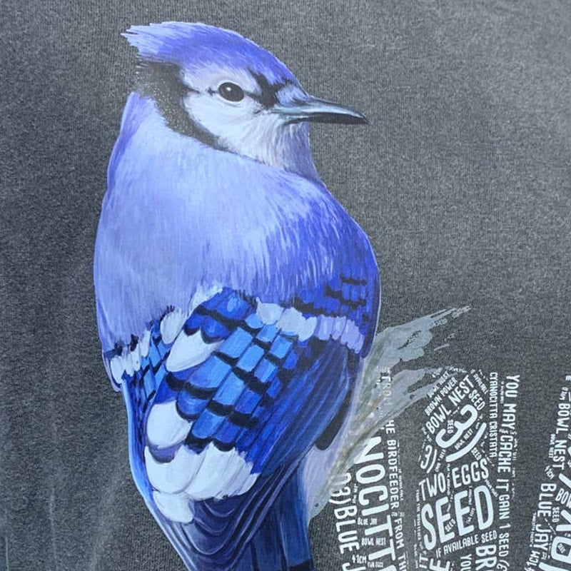 Wingspan Inspired Medium Blue Jay Bird Hand Printed Upcycled Long Sleeve Tee