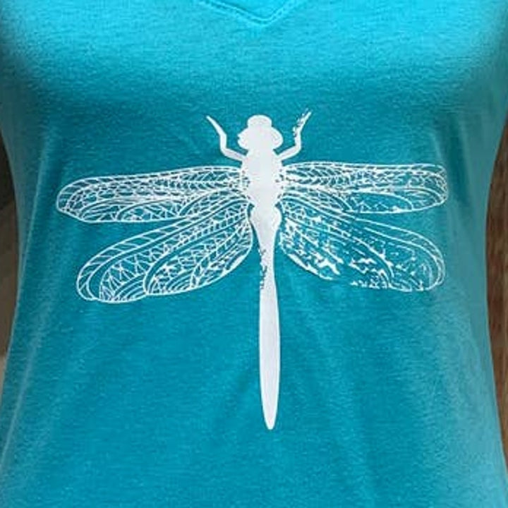New Hand Printed Womens Small Dragonfly Short Sleeve PolyCotton Blend V-Neck Tee