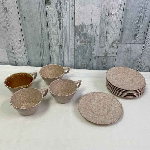 8 Vintage Texas Ware San Jacinto Tan Splatter Melamine Salad Plates & 4 Cups