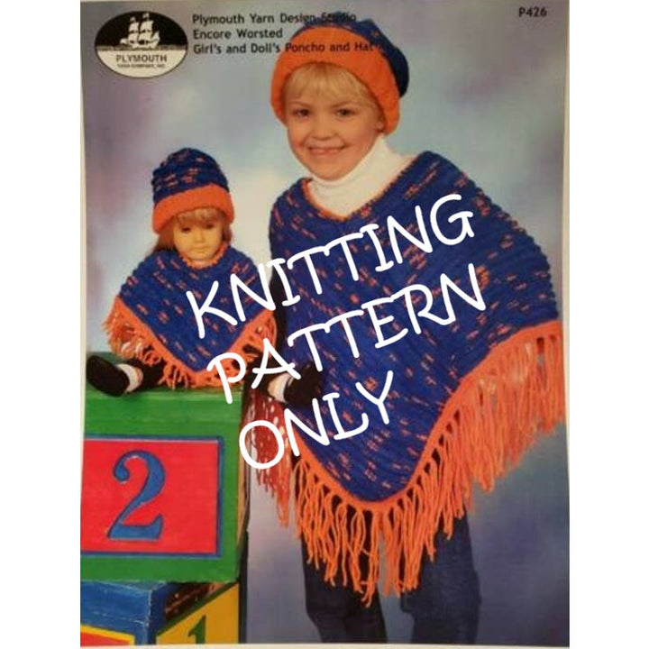 NWT Plymouth Design P426 Encore Worsted Girl Doll Poncho Hat Knitting Pattern