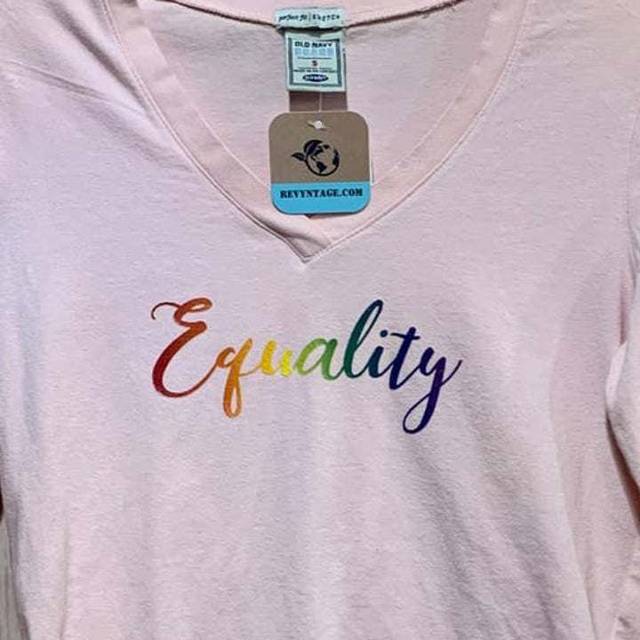 Hand Printed Upcycled Womens Small Equality Rainbow Pride Long Sleeve Tee