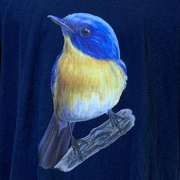 Upcycled Hand Printed Womens 2X Yellow Bluebird Ukraine Artist Fundraiser Tee